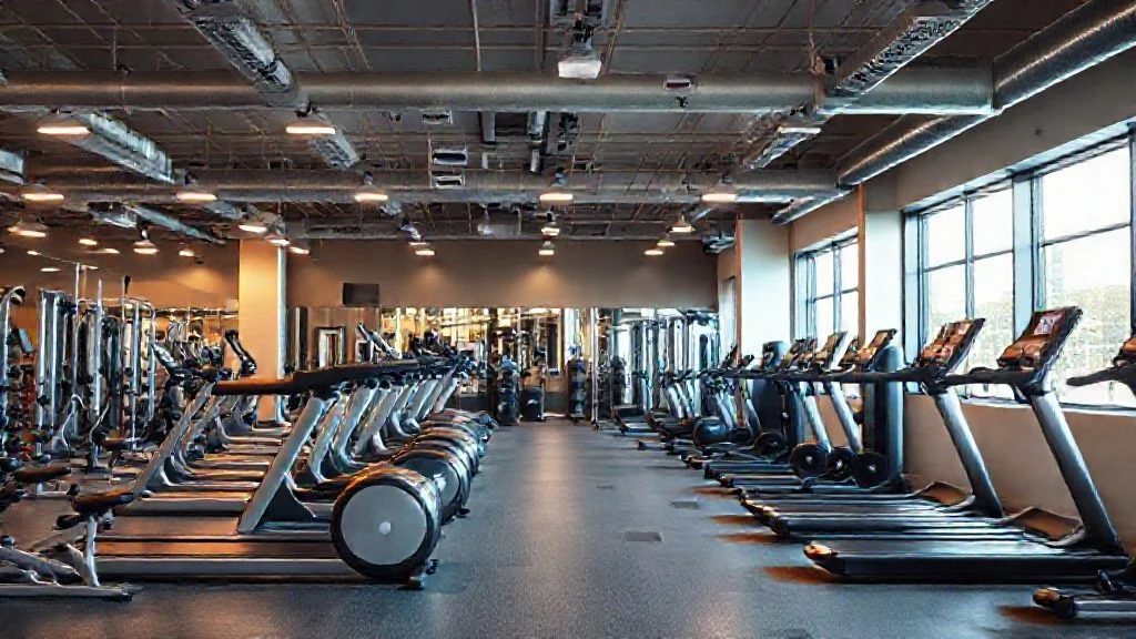 Hero background - Abstract, ultra-modern smart fitness treadmill or multi-functional weight station with holographic and neon effects